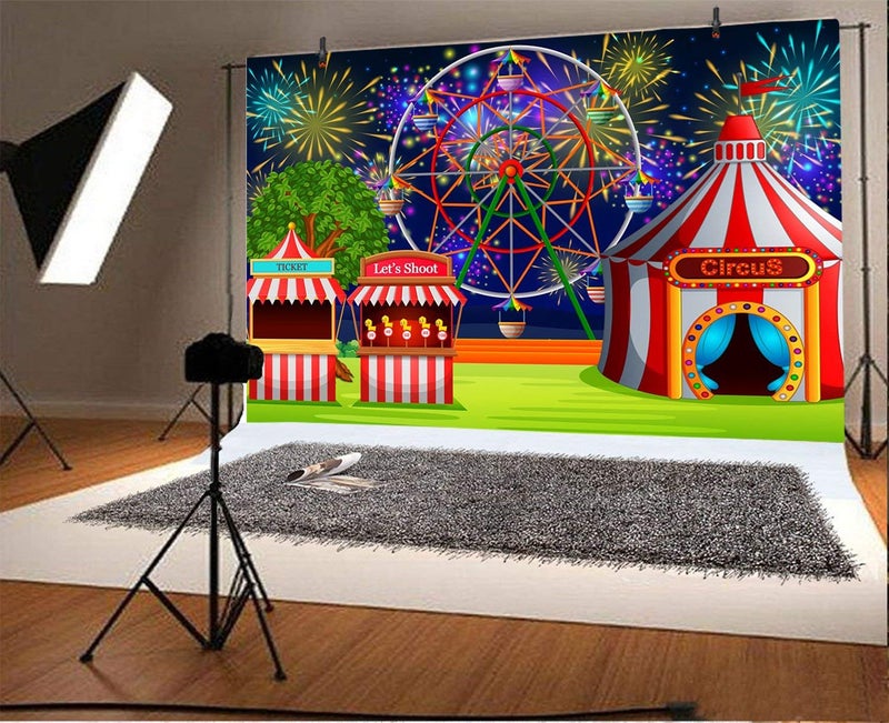 AOFOTO 7x5ft Fairground Circus Tent Backdrop Cartoon Amusement Park Ferris Wheel Fireworks Photography Background Playground Childhood Fun Carnival Party Decoration Studio Props Kid Vinyl Wallpaper - Image 3